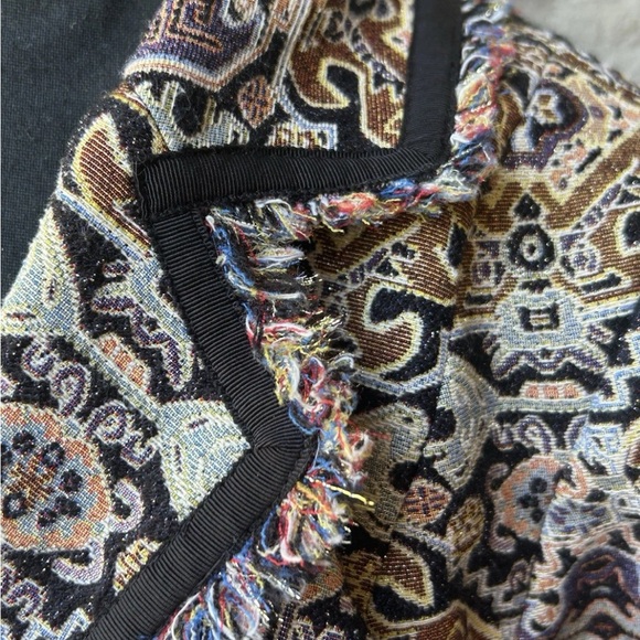 Chico's Tapestry Jacket Size 1(M) Black Brown Multi Metallic Accents Fringe EC - Picture 13 of 15